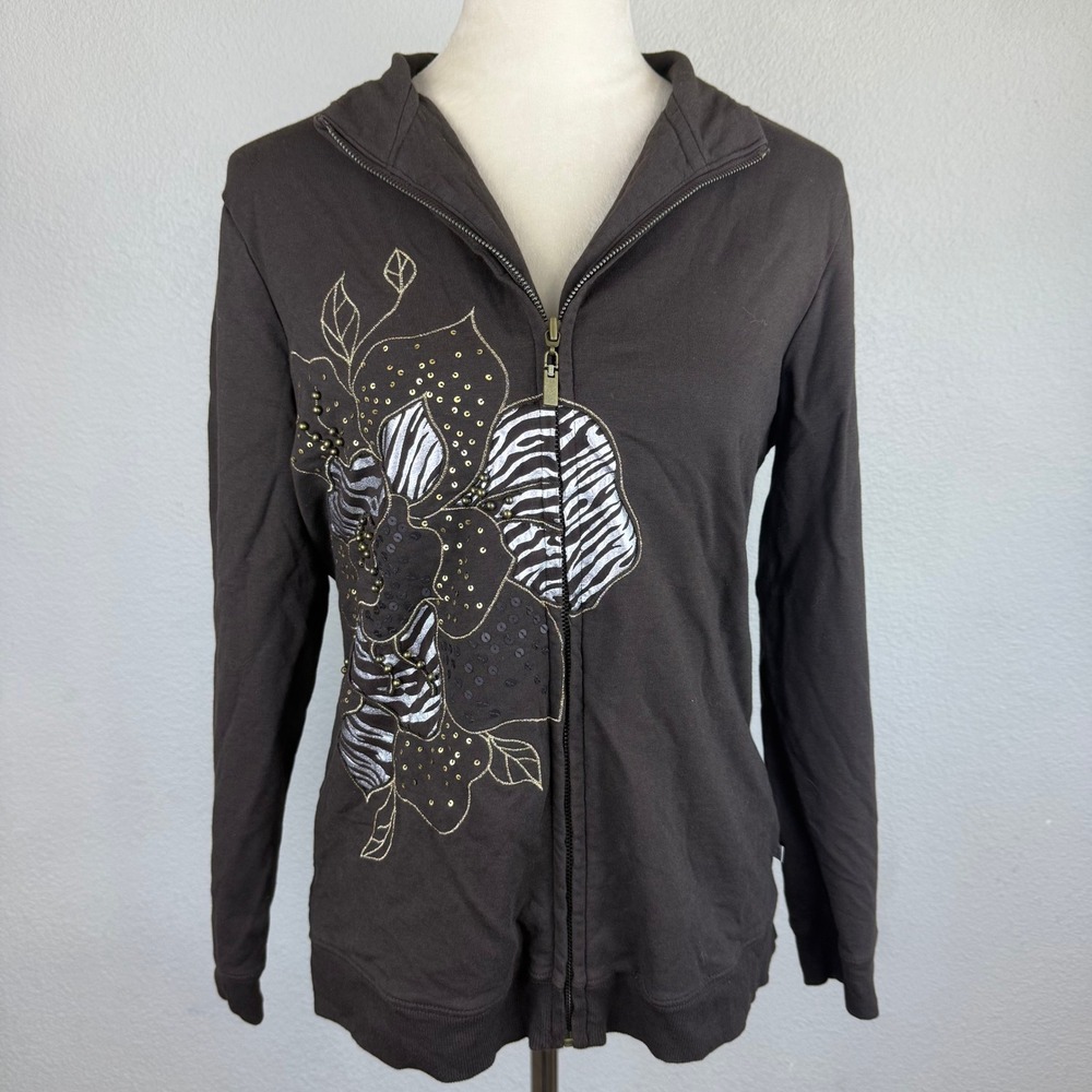 Y2K Studded‎ Sequin Zenergy by Chico's Brown Floral Embellished Full Zip Jacket
